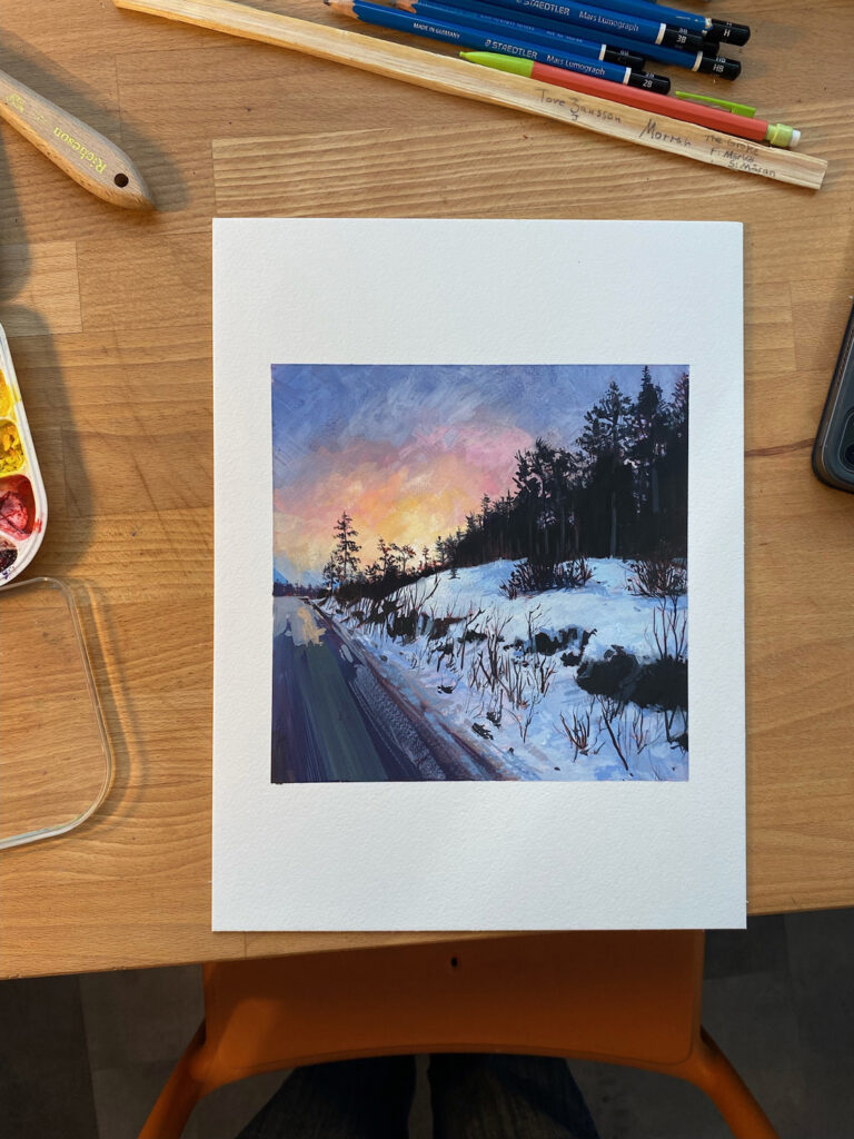 The road and the snowy roadside in a winter landscape painted by Chris Sheridan