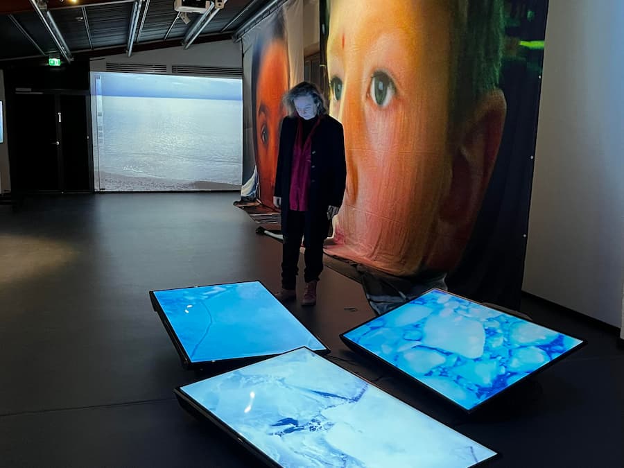 A person stands in a dimly lit gallery, looking at three screens on the floor displaying blue-toned images, with large portraits and a seascape in the background.