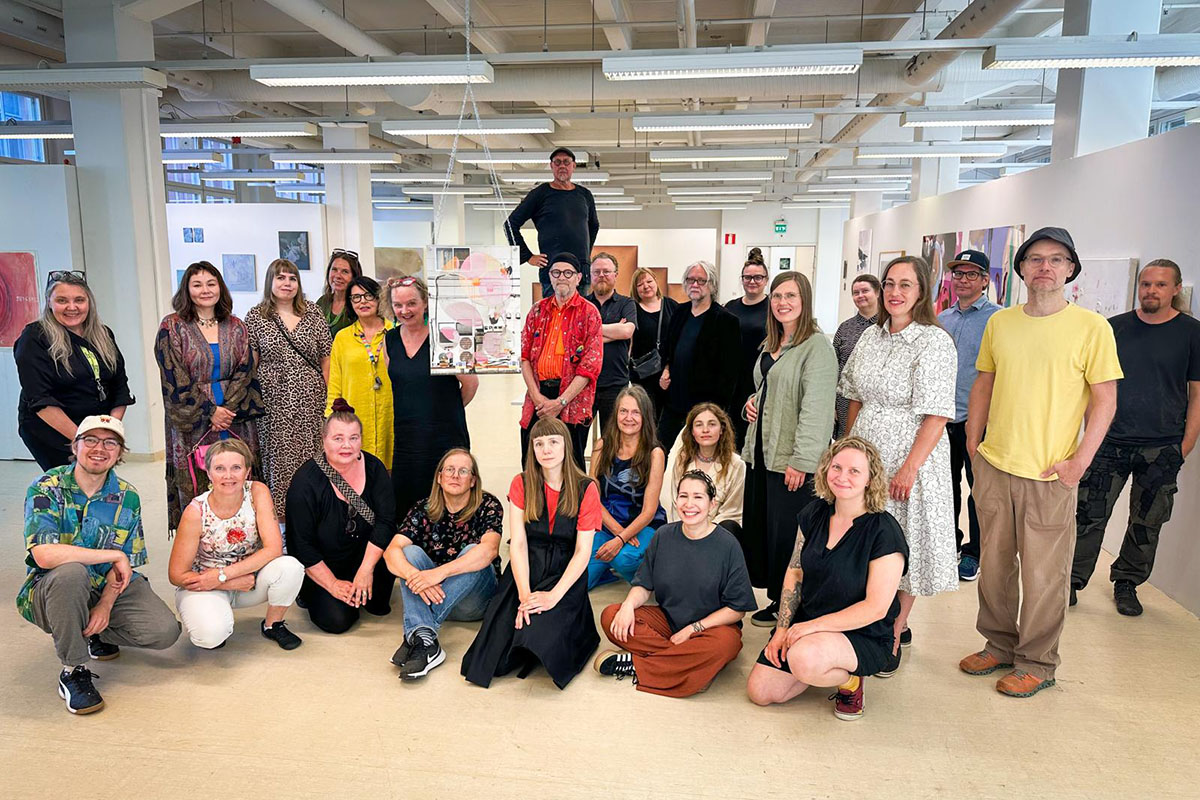 A white gallery wall displays artworks by Oksana Mykhanko, Katya Yehorova and Renja Leino