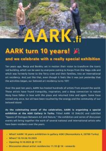 AARK’s 10th-anniversary exhibition announcement features text details about dates, exhibition themes, and venue, with a background image of two people outdoors overlooking a scenic landscape.