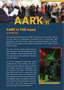 A poster describes an event at AARK.fi, highlighting a warm community gathering with dancing. At the bottom is a photo of two people, labeled as Renja and Benku, dancing.