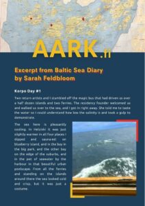 A page from a travel diary features text about a visit to the Baltic Sea, with a photo of waves and a yellow ferry in the lower section. The page has a blue and orange design.