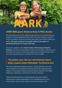Two women smile while holding a yellow AARK sign. Text below announces the AARK 2025 grant recipients, Kanerva Kuitu and Pihla Kuulas, with further details about the award.