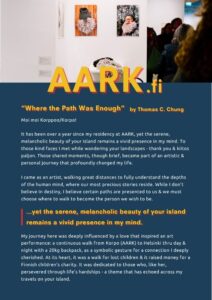 A poster describing Thomas C. Chung's residency at AARK in Korpo, Finland, reflecting on the island's serene, melancholic beauty and its impact on his art and life.