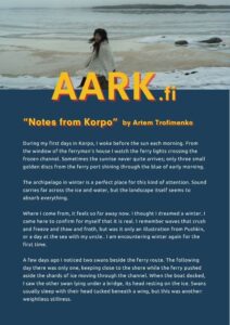 A woman in a brown coat stands on a snowy beach near the sea at sunrise or sunset. Text overlays the image, detailing excerpts from “Notes from Korpo” by Artem Trofimenko.