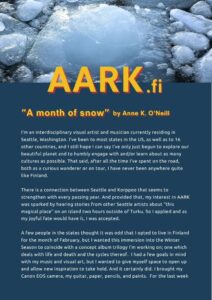 A poster for AARK.fi featuring Anne K. O’Neill’s project “A month of snow” with descriptive text about her artistic journey and inspiration from Finnish winter landscapes.