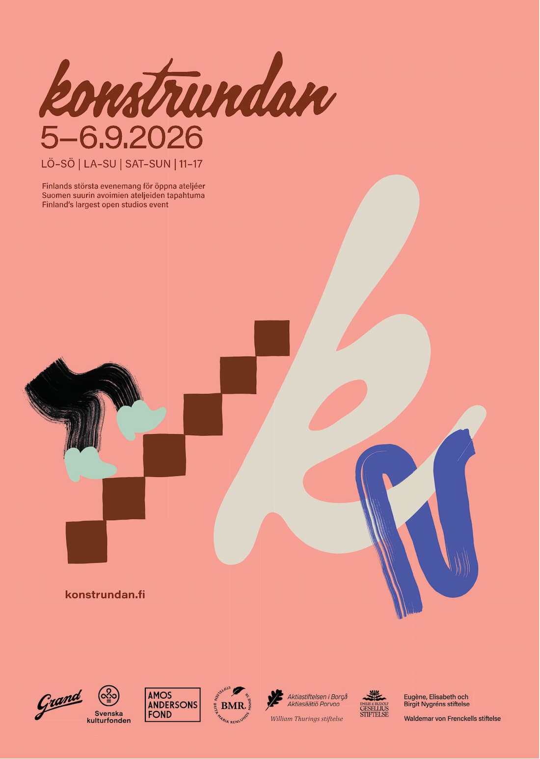 Poster for Konstrundan 2026 featuring abstract geometric shapes, event dates (5–6 September), and text in Finnish and Swedish about Finland’s largest open studios event.